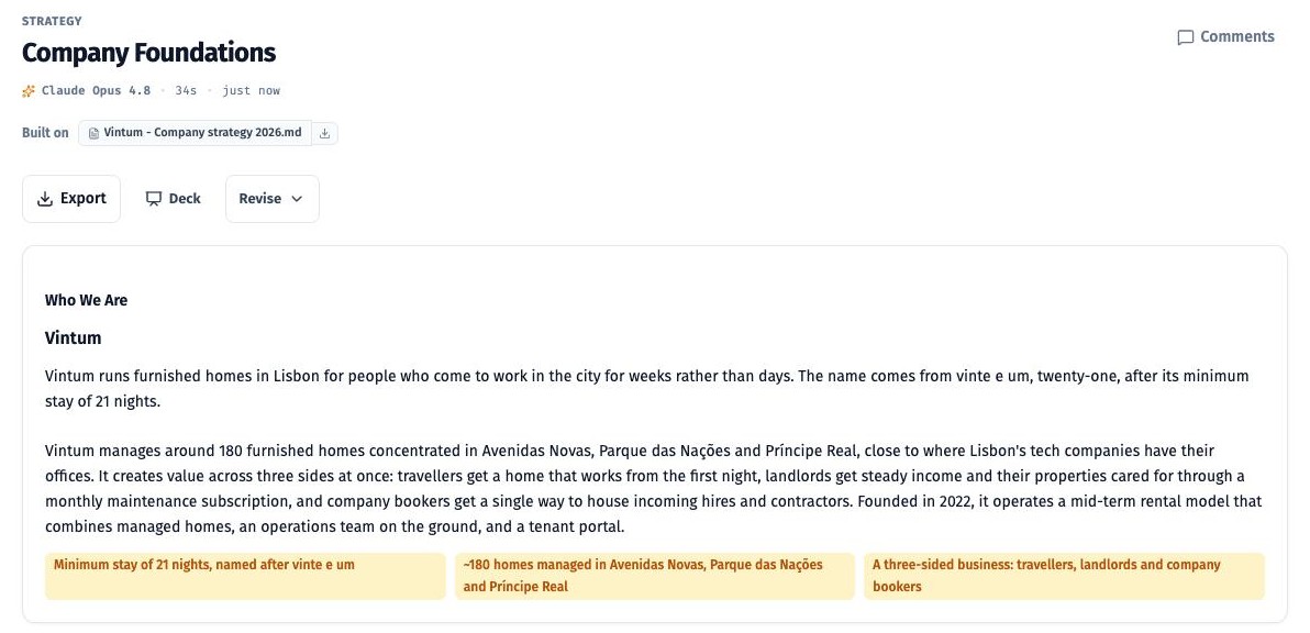 Company Foundations for Vintum, built by Claude Opus 4.8 in 34 seconds from an uploaded internal strategy document: who the company is, with highlights such as a minimum stay of 21 nights and around 180 homes.