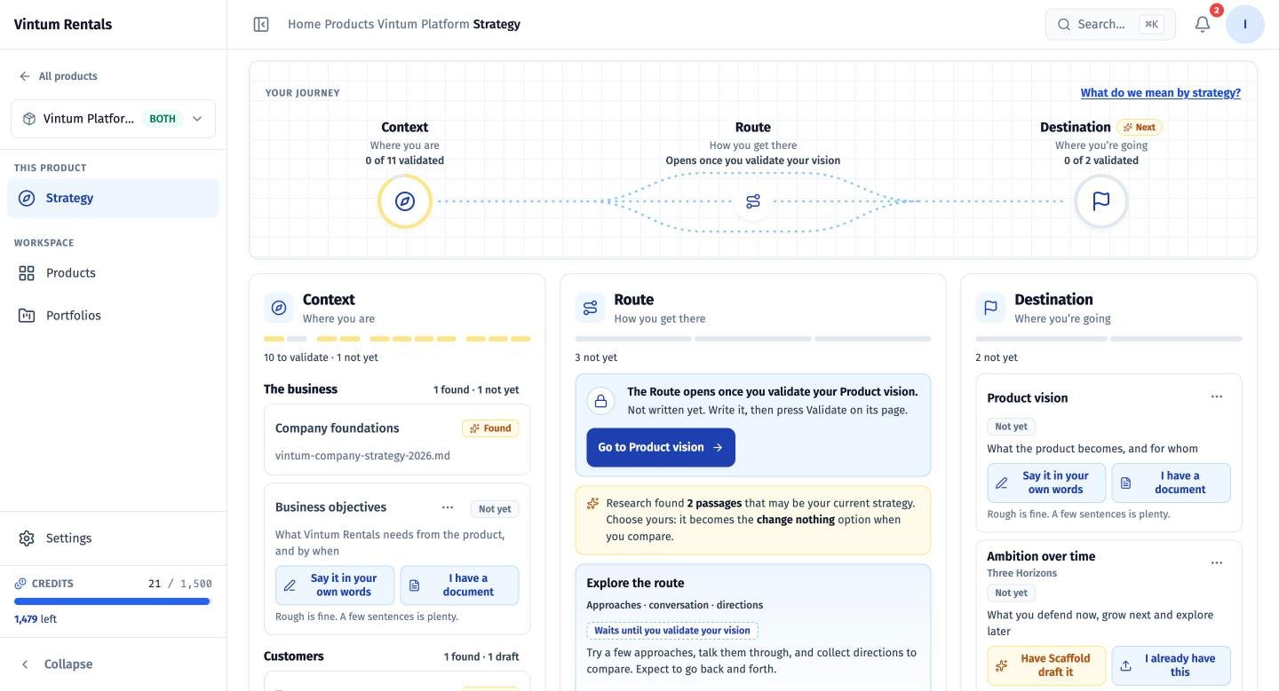 Scaffold's strategy map for Vintum, a fictional Lisbon rentals company. Across the top, the journey from Context through Route to Destination: none of the 11 context pieces validated yet, and the route opens once the vision is validated. Below, the three columns: Context marked Found in Vintum's company strategy or not yet written, the Route locked until the product vision is validated, and the Destination's product vision and Ambition over time, not yet written.